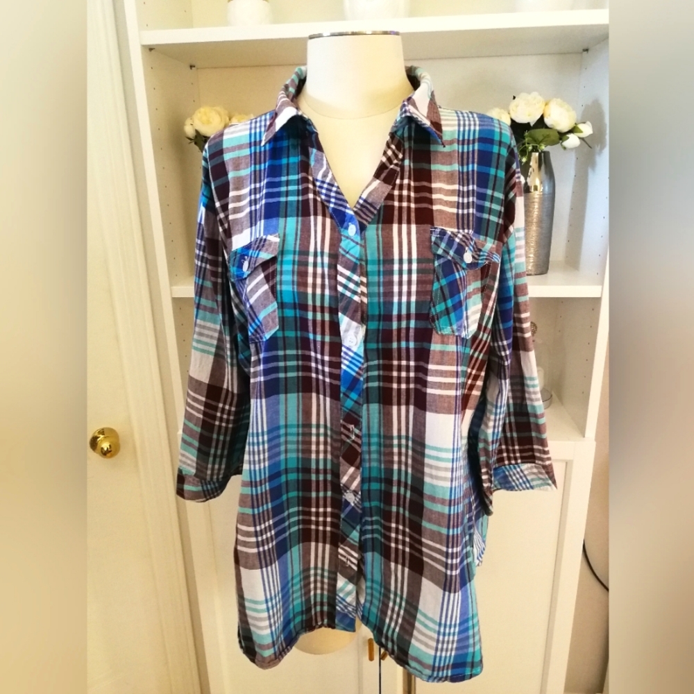 XXL BCasual 3/4" length sleeve button down 100% cotton plaid shirt